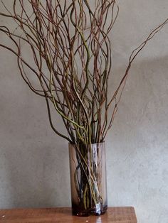 a vase filled with branches on top of a wooden table