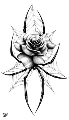 a drawing of a rose with leaves on the bottom and one flower in the middle