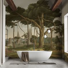 a bathroom with a large mural on the wall and a bathtub in the foreground