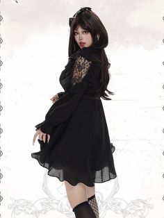 Elevate your wardrobe with this enchanting Landmine Style high-waist dress. The ruffle neckline adds a touch of romantic flair, while the heart buttons bring a sweet and whimsical detail to the overall look. The lace-patched long sleeves offer a delicate, vintage-inspired touch. A unique cutout detail at the front adds a hint of allure.  Garment Size   	 		 			Size 			XL 			2XL 			3XL 			4XL 		 		 			Bust 			100 			108 			116 			124 		 		 			Shoulders 			35 			37 			39 			41 		 		 			Sleeve Leng Gothic Long Sleeve Mini Dress With Ruffles, Chic Knee-length Vintage Dress With Ruffles, Chic Black Dress With Lace Collar, Black Chiffon Midi Dress With Ruffles, Feminine Black Midi Dress With Ruffles, Gothic Dress With Ruffles And Doll Collar, Elegant Black Vintage Dress With Ruffles, Landmine Style, Plus Size Kawaii