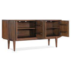 the sideboard is made from wood and has two doors on both sides, one door open