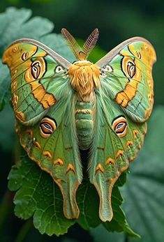 a green and yellow butterfly sitting on top of a leaf