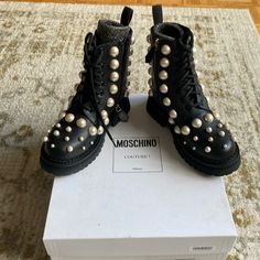 Brand New Never Worn Moschino Women’s Boots Color: Black Size: 37 With Dust Bag And Replacement Beads/Pearls Designer Embellished Round Toe Boots, Styling Women, Moschino Shoes, Hacks Clothes, Fashion Hacks, Fashion Hacks Clothes, Moto Boots, Moschino, Womens Boots