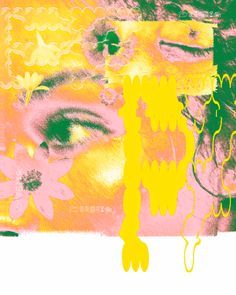 a woman's face with yellow and pink flowers on it