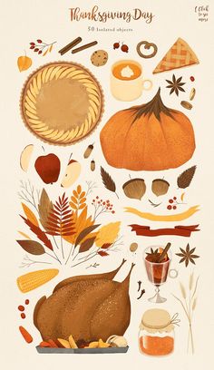 a thanksgiving poster with turkey, pumpkins and other things to make it look like they are