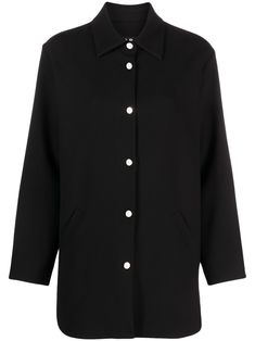 black stretch-design crepe texture spread collar front button fastening long sleeves buttoned cuffs two side welt pockets curved hem Apc Clothing, Oversized Jacket, Black Stretch, Welt Pockets, Welt Pocket, Outerwear Jackets, A P, Shirt Jacket, Button Up Shirts