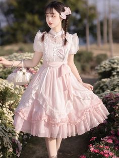 Women's Sweet Puff Sleeve Lolita Midi Dress
Features：

 	Product ID:DS0467
 	Material:Polyester
 	Season:Spring,Summer,Autumn,Winter
 	Color:Pink
 	Include:Dress*1+Bustle*1

Size Chat： Op Dress, Chic Skirts, Elegant Girl, Kawaii Dress, Dress Aesthetic, Cosplay Dress, Pink Midi Dress, Lolita Dress, Girly Outfits