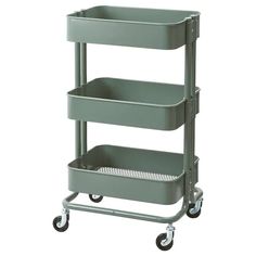 three tiered plastic utility cart with wheels and two baskets on each side, gray