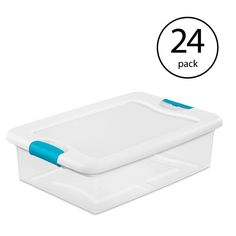 two plastic storage containers with blue handles and lids, one for the lid on each side