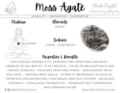 an info sheet with the words moss - agate, chakras and fibrous