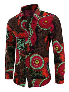 Floral Linen Tribal Printed Shirt - Red - 3S66436512 - Men's Clothing  #MensClothing #Men's #Clothing Red Relaxed Fit Long Sleeve Blouse, Printed Long Sleeve Shirt For Fall, Long Sleeve Printed Shirt For Fall, Fall Long Sleeve Printed Shirt, Multicolor Print Cotton Shirt For Fall, Multicolor Casual Collar Top, Red Tops With Casual Collar For Summer, Casual Patterned Long Sleeve Tops, Colorful Patterned Shirt For Fall