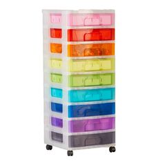 the multicolored drawer is on wheels and has five drawers in each section, one with