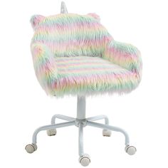 an office chair with colorful fur on the back and wheels, in front of a white background