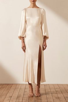 Cream Satin Dress Long Sleeve, Luxury Cream Gown For Festive Occasions, Cream Long Sleeve Silk Dress, Cream Dress Sleeve, Longsleeve Midi Wedding Dress, Cream Modest Bridesmaid Dresses, Shona Joy La Lune, Shona Joy Dress, Backless Midi Dress