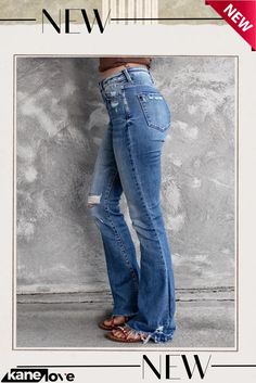 Women Spring Mid Waist Ripped Jeans Pants Chic Distressed Fitted Bottoms, Fitted Distressed Pants For Fall, Trendy Straight Leg Bottoms With Zipper Closure, High-waist Flare Jeans With Zipper Closure For Fall, Mid-rise Distressed Bottoms For Fall, Ripped Full Length Bottoms For Spring, Ripped Full-length Pants For Spring, High Rise Pants With Zipper Closure For Spring, Spring Ripped Full Length Pants