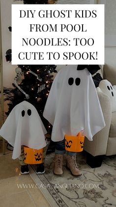 two kids in ghost costumes with the words diy ghost kids from pool noodles too cute to spook