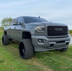 a large gray truck parked on top of a lush green field next to a lake