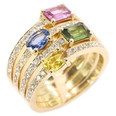 Luxury Multicolor Jewelry With Halo Setting, 18k Yellow Gold Ring, Colorful Jewelry, Green Sapphire, Athens Greece, Yellow Gold Ring, Yellow Sapphire, Brilliant Cut Diamond, Pink Sapphire