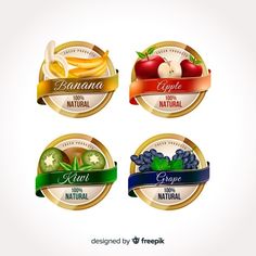 four labels with fruits and vegetables on them