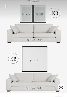 an image of a couch with measurements for the seat and back cushions on each side