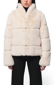 This cozy short coat cut with a shawl collar is fashioned from luxurious Pluche faux fur made from recycled polyester and designed to imitate mink with deeply clipped channels. 23" length (size Medium) Front hook-and-eye closure Shawl collar Lined 100% recycled-polyester lining 100% recycled polyester Dry clean Imported Cream Faux Fur Coat, Favorite Daughter, Women Shawl, Designer Clothes For Men, Short Coat, Modern Outfits, Faux Fur Coat, Autumn Fashion Women, Sweater And Shorts