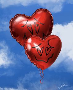 two heart shaped balloons with the word love written on them in front of a cloudy blue sky