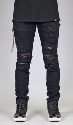 Fit : Slim Fit - Contour paneling leather under destroies - YKK zip fly - Distressed patches - Five pocket styling - Slim tapered leg silhouette - Fake zipper welt pockets on right leg - Belt loops wi Mens Designer Blazers, Ripped Biker Jeans, Denim Washes, Supreme Clothing, Mens Designer Jeans, Ripped Jeans Outfit, Men Jeans Pants, Dress Suits For Men, Streetwear Jeans