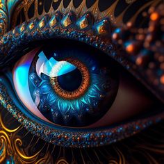 an eye that is looking into the distance with blue and gold decorations on it's iris