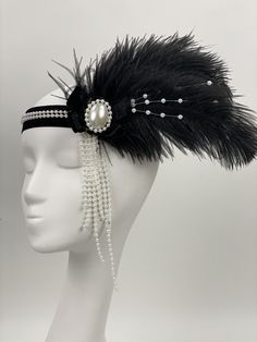 Retro party 1920s Headband 1920s Headpiece Diy, Flapper Evening Headpiece With Feathers, Black Flapper Headpiece For Costume Party, Black Flapper Headpieces For Vintage Events, Gatsby Style Feather Trim Headpiece For Evening, Elegant Black Costume Hat With Feather Trim, Elegant Black Feather Trim Costume Hat, Flapper Style Feathered Headpieces For Vintage Events, Flapper Style Feather Headpiece For Vintage Events