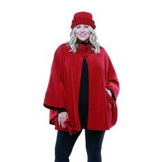 "Stay warm in style with this ruffle trim poncho, hat, and gloves set. Stay warm in style with this ruffle trim poncho, hat, and gloves set. Includes: capelet, matching hat, matching gloves Single-button closure Single-layer Midweight fleece Tacked sleeves 2 pockets Ruffle trim on cape, hat, and glovesFIT & SIZING 60"" W x 31"" L One size fits mostFABRIC & CARE Polyester Machine wash Imported Color: Red. Gender: female. Age Group: adult." Cozy Solid Poncho For Winter, One Size Winter Cape, One Size Winter Poncho, Winter Poncho In One Size, Cozy Poncho For Winter, One Size Winter Poncho In Solid Color, Red Hooded Poncho For Fall, Red Shawl Cape For Fall, Faux Fur Trim Cape For Cold Weather In Fall