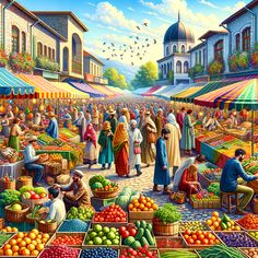 a painting of an outdoor market with people shopping for fruits and vegetables in the foreground