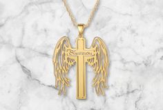 ✨ Embrace divine elegance with our Custom Angel Wing Cross Name Necklace. This stunning piece, in a luxurious Gold Plated finish, combines the grace of angel wings with a personalized cross and name pendant. 🌟 Crafted from high-quality Copper, this necklace features a 40+5cm adjustable chain and weighs 6.1g, offering a balanced blend of style and comfort. The intricate design and personalized touch make it a meaningful accessory for any occasion. 💫 Perfect as a heartfelt gift or a special addi Elegant Personalized Cross Necklace, Personalized Elegant Cross Necklace, Elegant Personalized Crucifix Jewelry, Personalized Elegant Crucifix Cross Necklace, Elegant Cross Jewelry For Memorial, Elegant Memorial Cross Jewelry, Elegant Cross Necklace For Memorial, Customizable Gold Cross Jewelry, Personalized Cross Pendant Jewelry For Memorial