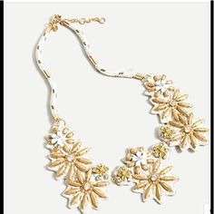 J Crew Golden Blossom Statement Necklace, Nwt, White, Leather, Zinc, Acrylic, Glass, Other Materials, Thread, Cubic Zirconia Floral Statement Necklace, Flower Statement Necklace, J Crew Necklace, Rhinestone Statement Necklace, Crystal Statement Necklace, Beaded Tassel Necklace, Jewel Necklace, Dangle Necklaces, Gold Statement Necklace