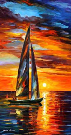 a painting of a sailboat in the ocean at sunset