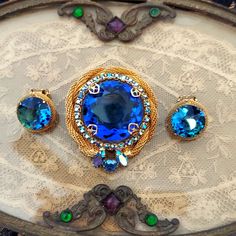 Absolutely Amazing Cobalt Blue With Ab Stone Brooch Set. All Stones Intact, Clip Earrings, Brooch Measures 2.75" Blue Brooch For Wedding Jewelry, Blue Costume Jewelry Brooch For Wedding, Blue Wedding Brooch Jewelry, Blue Round Brooch For Formal Occasions, Formal Blue Round Brooch, Formal Blue Round Brooches, Vintage Brooch, Clip Earrings, Jewelry Vintage