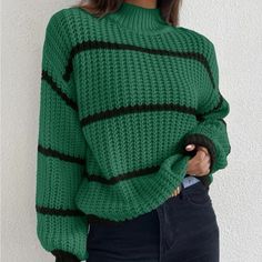 Striped Mock Neck Drop Shoulder Turtleneck Sweater. This Listing Is For Green Sweater, Other Colors Listed Separately. Ships In 6-10 Days~All Purchases Shipped With A Special Gift 100% Acrylic Size Tags Are Letters S-(4) M-(6) L-(8-10) Winter Striped Tops With Ribbed Neckline, Green Tops With Ribbed Collar, Casual High Neck Sweater With Ribbed Collar, Cadet Blue, Top Jeans, Pullover Outfit, Mode Casual, Drop Shoulder Sweaters, Casual Stripes