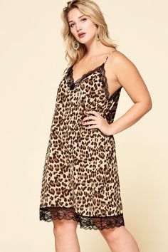 Leopard printed sleeveless slip dress featuring an adjustable spaghetti strap and eyelash ace edge trim. Leopard Print, Spaghetti Strap, Slip Dress, Spaghetti, Lingerie, Trim, Quick Saves