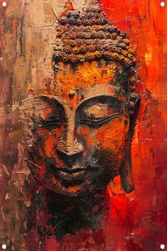 an abstract painting of a buddha head on red and orange paint with gold trimmings