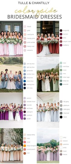 the bridesmaid dresses are all different colors