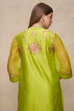 Lime green kurta with geometric, floral placed gota embellishments. - Aza Fashions Green Straight Kurta Set With Mirror Work, Green Resham Embroidered Cotton Silk Blouse Piece, Spring Pista Green Kurta With Mirror Work, Green Blouse Piece With Resham Embroidery For Transitional Seasons, Green Cotton Silk Blouse With Dupatta, Elegant Green Chanderi Blouse, Transitional Green Blouse Piece With Resham Embroidery, Green Zari Work Blouse For Eid, Green Gota Work Dupatta For Spring