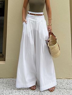 Cotton Pleated Wide Leg Pants Outfits Europe, White Culottes, Plain Pants, Cruise Outfits, Long Leggings, Women Pants, Pleated Pants, Cotton Pants, Wide Leg Trousers