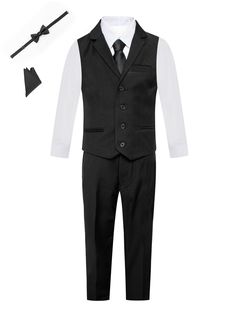 For a celebratory occasion, this suit vest set from Magen Kids is the ideal option. The black vest suit comprises a Pants, Vest, Shirt, Tie, Bow Tie, Pocket Square. Suitable for any special occasion, like a holiday, birthday party, communion, Easter, or church. Get your young man everything he needs to look dapper at his upcoming event! Black Sleeveless Formal Set, Black Suits With Vest For Formal Occasions, Black Sleeveless Suit With Vest, Classic Black Suits With Vest, Classic Black Suit With Vest, Formal Fitted Uniform Sets, Sleeveless Tuxedo Suit For Party, Classic Black Vest For Party, Classic Black Party Vest