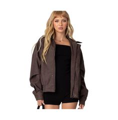 in stock Casual Hooded Fall Blazer, Trendy Oversized Collared Outerwear, Oversized Long Sleeve Leather Jacket, Urban Brown Outerwear For Fall, Oversized Collared Leather Jacket For Winter, Urban Brown Fall Outerwear, Oversized Casual Leather Jacket For Winter, Casual Oversized Blazer For Winter, Trendy Solid Color Shacket For Fall