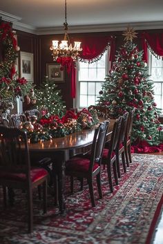 a dining room decorated for christmas with red and green decorations on the table, chandelier and tree