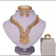 New Absolutely Stunning 18k Dubai Gold Filled 4 Pieces (Necklace, Bracelet, Earrings, Ring) Dubai Gold Jewelry Set Bridal African Jewelry Nigerian Women Wedding-Jewelry Sets Brand Hypoallergenic Pet Free Smoke Free Elegant Gold Jewelry Set As Gift, Elegant Gold Bridal Necklace For Formal Occasions, Elegant Plated Bridal Necklace, Elegant Plated Bridal Necklace As A Gift, Elegant Gold Jewelry Sets For Party, Gold Hand Set Jewelry Sets For Anniversary, Gold Bridal Necklace With Elegant Design, Gold Plated Bridal Necklace For Formal Occasions, Elegant Yellow Gold Plated Jewelry Sets