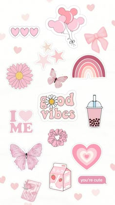 some stickers that are on the side of a white paper with hearts and flowers