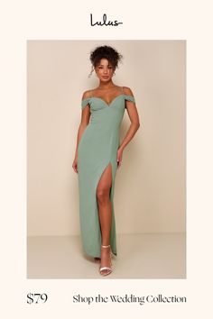 The Lulus Lovely Enchantment Sage Brush Cold-Shoulder Column Maxi Dress is exactly what you need to be the most elegant sight at any event! Lightweight woven chiffon shapes this gorgeous dress that features a lightly gathered bodice and a flirty V-neckline, supported by adjustable spaghetti straps and framed by pleated, off-the-shoulder sleeves that create a cold-shoulder effect. The flattering, set-in waist tops a figure-skimming column skirt that cascades down to a sweeping maxi hem with a sul Sage Brush, Cold Shoulder Gown, Gathered Bodice, Column Skirt, Lulu Fashion, Bridal Party Dresses, Maxi Dress Green, Shoulder Sleeve, Gorgeous Dresses