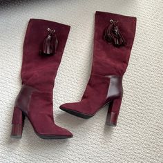 Beautiful Burgundy Suede Aquatalia Boots. Never Wornjust Tried On Inside. Size 7.5 Questions? Leave A Comment Below! Leather Heeled Boots With 4-inch Heel For Winter, Fall Gala Pointed Toe Heels, Burgundy Calf Leather Boots For Fall, Winter Leather Heeled Boots With 4-inch Heel, Luxury Block Heel Heels For Fall, Fall Galas Round Toe Heels, Designer Block Heel Boots For Fall, Luxury Block Heels For Fall, Elegant Suede Heels For Winter