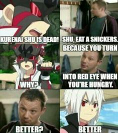 an anime scene with the caption that says, when you're dead, eat a snickers because you turn to red eye when you're hungry