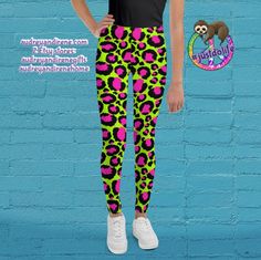 Leopard Print Neon Pink & Green Youth Leggings - Etsy Croatia Pink Skater Dress, Kids Pants, The Cross, Spandex Fabric, Neon Pink, Unisex Sweatshirt, Pink And Green, Hand Sewing, Apparel Accessories